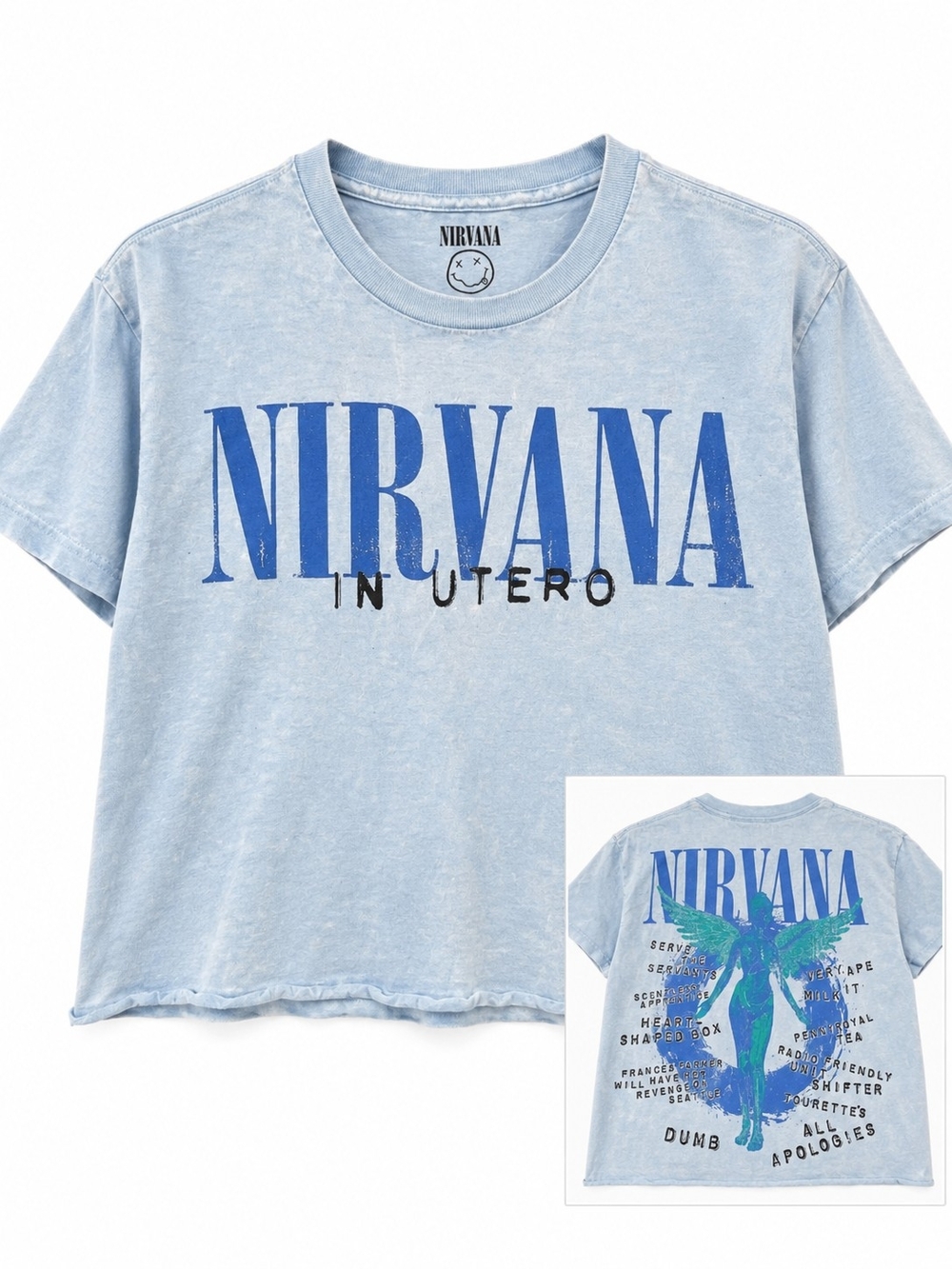 Nirvana In Utero Angel Graphic Crop T-Shirt Blue Medium Grunge Band Tee